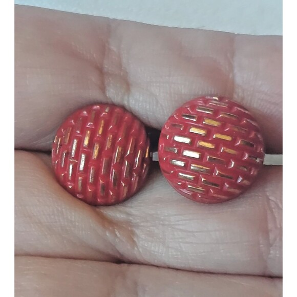 Vintage Red Gold Bakelite hard plastics Screw back stud Earrings 60s - Picture 6 of 6